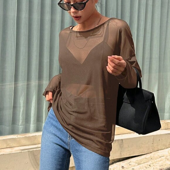 . Tops - Brown Boho Women's Solid Color Loose Fit Long Sleeve Round Neck Lightwei…